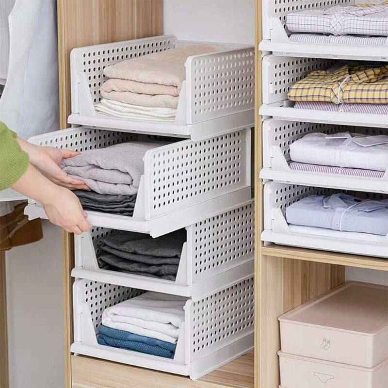 Photo 1 of 4 Pack Closet Basket Shelf Storage Bins Plastic Super Large Capacity Collapsible Kid Toy Rack White for Kitchen Cabinets, Pantry, Offices, Bedrooms, Bathrooms