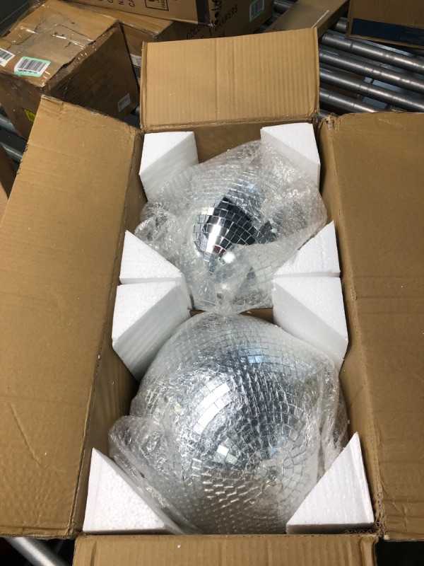 Photo 3 of 2 Pack Large Disco Ball Silver Hanging Mirror Disco Ball Reflective Mirror Disco Ball Ornament for Party Holiday Wedding Dance Music Festivals Decor Club Stage Props DJ Decoration (12 Inch, 12 Inch)