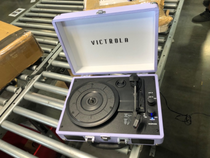 Photo 2 of Victrola Vintage 3-Speed Bluetooth Portable Suitcase Record Player with Built-in Speakers | Upgraded Turntable Audio Sound | Lavender (VSC-550BT-LVG) Lavender/Silver Record Player