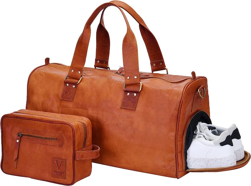 Photo 1 of Volksy Bags Vintage Leather Duffle Bag For Men Women with shoe compartment, Leather Travel Bag For Men, Leather Duffel Bag For Men, Leather Carry On Weekender Overnight Weekend Gym Bag Luggage - Brown
