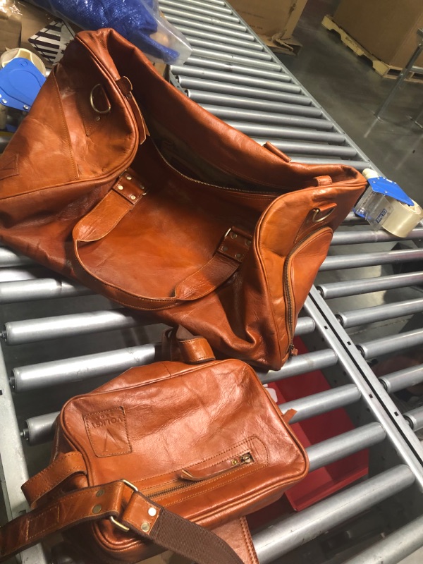 Photo 1 of Volksy Bags Vintage Leather Duffle Bag For Men Women with shoe compartment, Leather Travel Bag For Men, Leather Duffel Bag For Men, Leather Carry On Weekender Overnight Weekend Gym Bag Luggage - Brown
