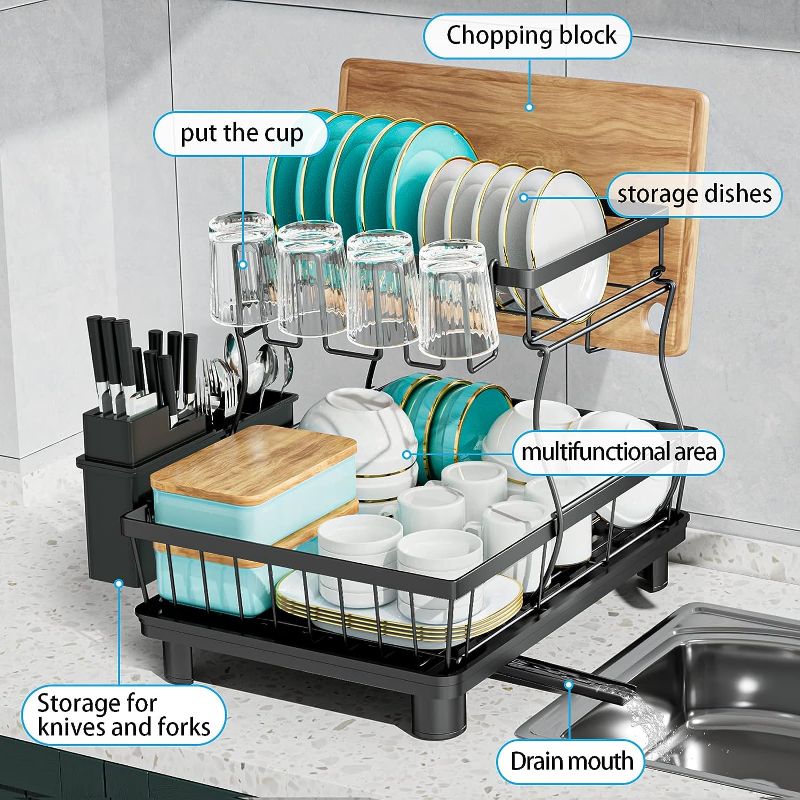 Photo 2 of 7 code 2-Tier Dish Drying Rack for Kitchen Counter,Detachable Large Capacity Dish Drainer Organizer with Utensil Holder, Drain Board,Black