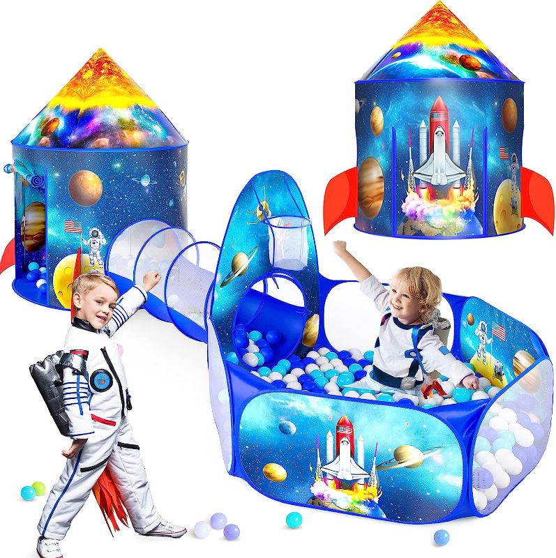 Photo 1 of GeerWest 3PC Ball Pits for Toddlers with Kids Play Tent and Kids Tunnel for Boys & Girls, Baby Pop Up Playhouse Toy for Indoor/Outdoor Games, Astronaut Ships Birthday Gifts for Years Old

