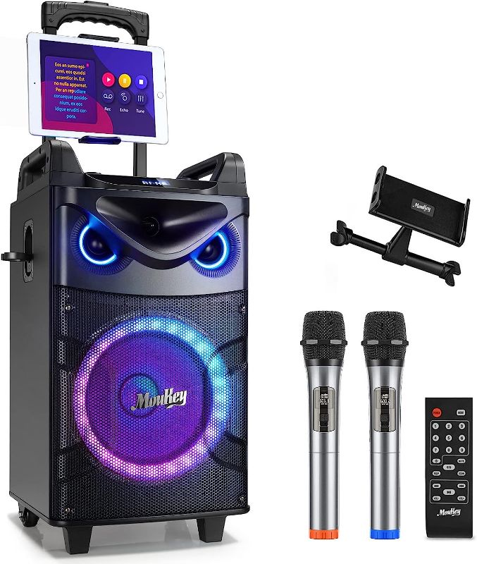 Photo 1 of Moukey Karaoke Machine with 2 UHF Wireless Microphones, Portable Bluetooth PA System Speaker, Lyrics Display Tablet Holder, Party Lights & Echo/Treble/Bass Adjustment Support TWS/REC/AUX/MP3/USB/TF/FM
