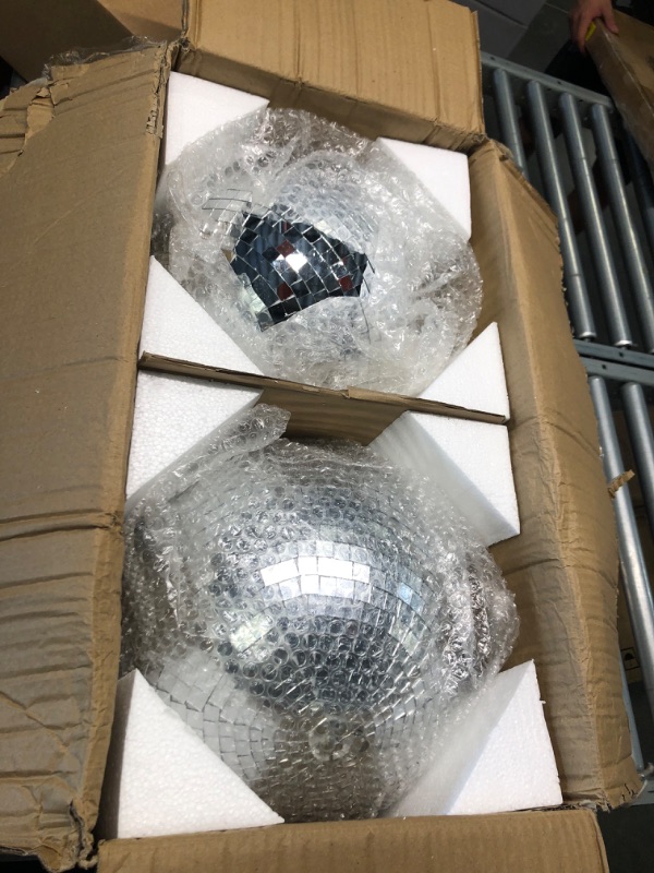 Photo 3 of 2 Pack Large Disco Ball Silver Hanging Mirror Disco Ball Reflective Mirror Disco Ball Ornament for Party Holiday Wedding Dance Music Festivals Decor Club Stage Props DJ Decoration (12 Inch, 12 Inch)