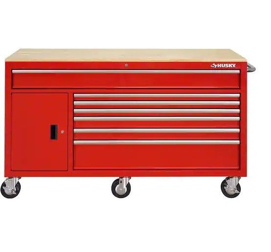 Photo 1 of 61 in. W x 22.1 in D Standard Duty 7-Drawer 1-Door Mobile Workbench Tool Chest with Solid Wood Top in Gloss Red--Item is dented on side
