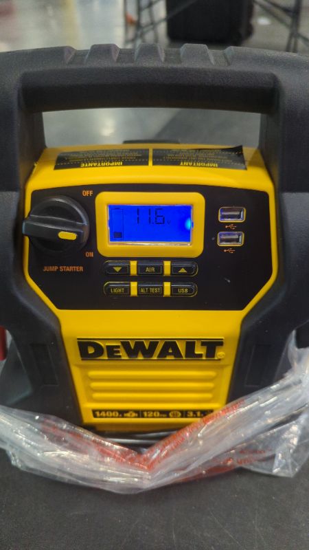 Photo 3 of DEWALT DXAEJ14 Digital Portable Power Station Jump Starter: 1400 Peak/700 Instant Amps, 120 PSI Digital Air Compressor, 3.1A USB Ports, Battery Clamps , Yellow