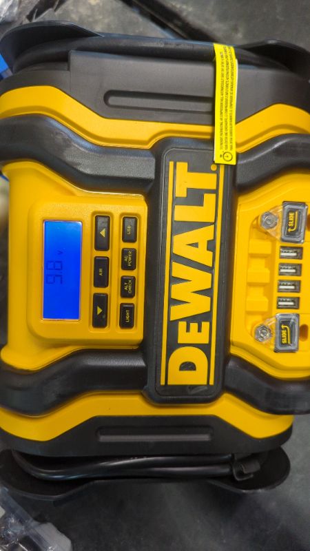 Photo 3 of DEWALT DXAEPS14 1600 Peak Battery Amp 12V Automotive Jump Starter/Power Station with 500 Watt AC Power Inverter, 120 PSI Digital Compressor, and USB Power , Yellow