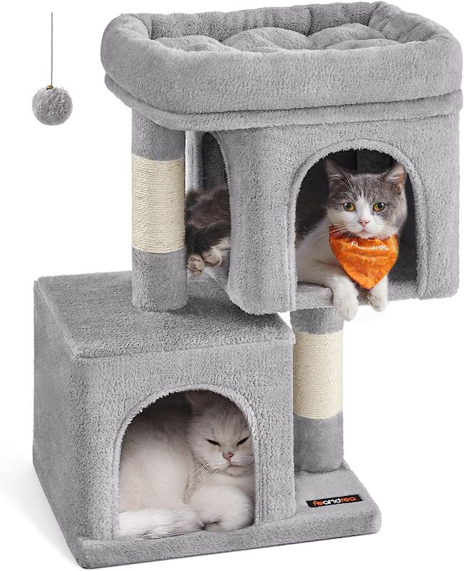 Photo 1 of Feandrea Cat Tree, 26.4-Inch Cat Tower, S, Cat Condo for Kittens up to 7 lb, Large Cat Perch, 2 Cat Caves, Scratching Post, Light Gray UPCT611W01