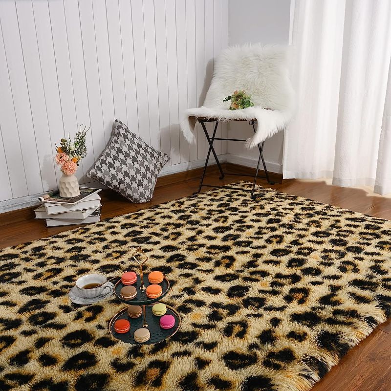 Photo 4 of Amearea Fluffy Leopard Rug, Premium Cheetah Print Rugs, Soft Comfy Faux Fur Animal Print Carpet for Kids Room Bedroom, Living Room, Shaggy Teen Room Home...