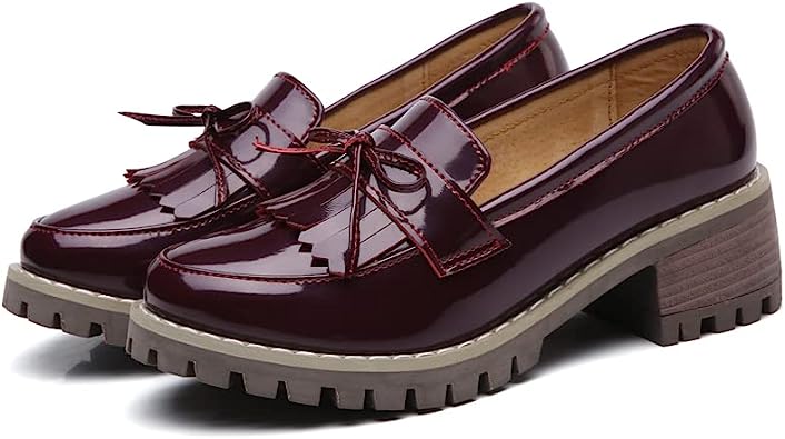 Photo 1 of kkdom Women's Classic Tassel Platform Chunky Heel Penny Loafers Slip On Round Toe Patent Leather Oxfords Dress Shoes