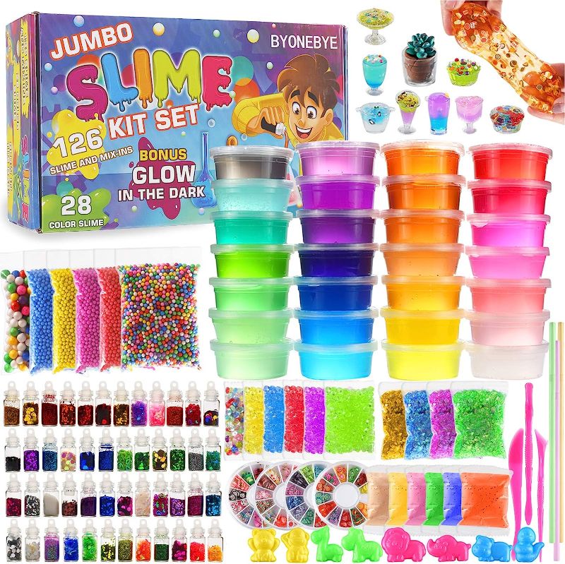 Photo 1 of 126 Pcs DIY Slime Making Kit for Girls Boys - Birthday Idea for Kids Age 5+. Ultimate Fluffy Slime Supplies Include 28 Crystal Slime, 2 Glow in The Dark