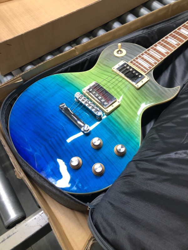 Photo 1 of Leo Jaymz 39” Electric Guitar Les Paul Style - Mahogany Body and Neck - Curved top Exquisite Flame Maple Veneer - Newly upgraded Alnico V Pickups, Powerful and Pure (Beach)