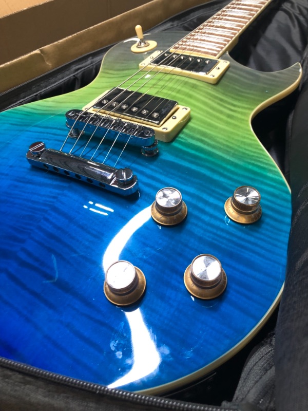 Photo 1 of Leo Jaymz 39” Electric Guitar Les Paul Style - Mahogany Body and Neck - Curved top Exquisite Flame Maple Veneer - Newly upgraded Alnico V Pickups, Powerful and Pure (Beach)