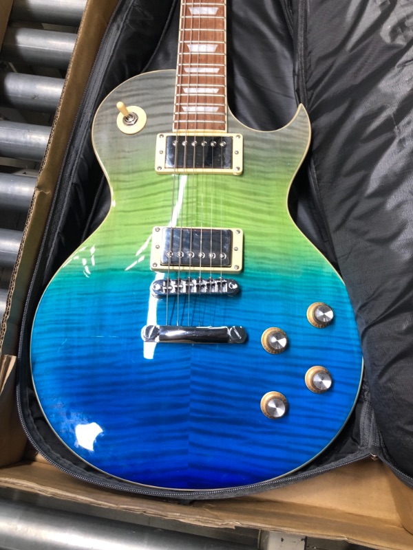 Photo 1 of Leo Jaymz 39” Electric Guitar Les Paul Style - Mahogany Body and Neck - Curved top Exquisite Flame Maple Veneer - Newly upgraded Alnico V Pickups, Powerful and Pure (Beach)