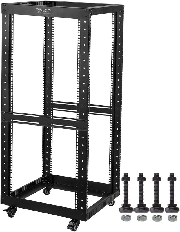 Photo 1 of RIVECO 25U Open Frame Server Rack with Wheels- Heavy Duty 4 Post Quick Assembly 19-inch Support 600KG Equipment Thick Cold Rolled Steel Cabinet Black