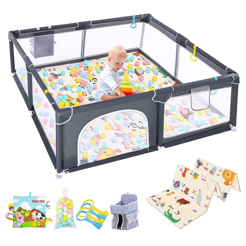 Photo 1 of JHTOPJH Baby Playpen Set, Playpen with Collapsible Baby Play Mat, Indoor Baby Play Yard with 50pcs Pit Ball, Baby Play Pen with Soft Baby Book,Anti-Fall Playpen for Toddler(Gray)