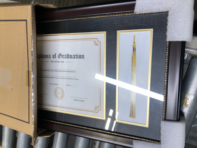 Photo 3 of GraduationMall 11x17 Mahogany Diploma Frame with Tassel Holder for 8.5x11 Certificate Document,Real Glass, Black over Gold Mat Mahogany With Gold Beads Diploma + Tassel