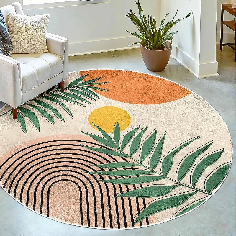 Photo 1 of 4 Ft Round Area Rug Soft Chic Bohemian Aesthetics Rugs, Machine Washable Non-Slip Indoor Sofa Floor Area Mat Modern Carpet for Living Room Sofa Bedroom Nursery Decor Dining Room Entryway Foyer Rug