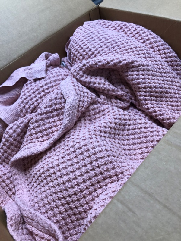 Photo 3 of 100% Cotton Blankets Queen Size for Bed - 405GSM Waffle Weave Blankets for Summer, Cozy and Warm, Pink Soft Lightweight Woven Blankets for All Seasons