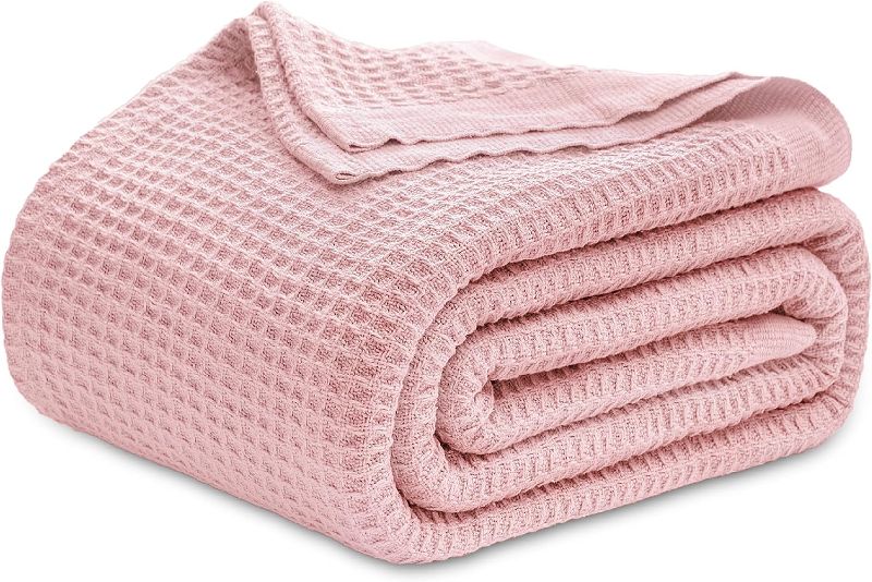 Photo 1 of 100% Cotton Blankets Queen Size for Bed - 405GSM Waffle Weave Blankets for Summer, Cozy and Warm, Pink Soft Lightweight Woven Blankets for All Seasons