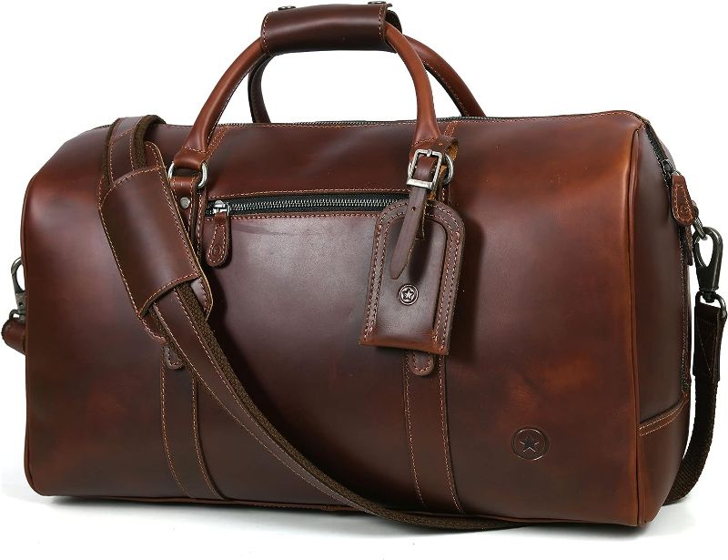 Photo 1 of Leather Travel Duffel Bag | Gym Sports Bag Airplane Luggage Carry-On Bag | Gift for Father's Day By Aaron Leather Goods (Chestnut II) 20 x 11 x 9 Inch