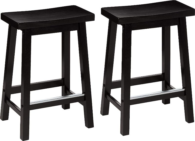 Photo 1 of Amazon Basics Solid Wood Saddle-Seat Kitchen Counter-Height Stool, 24-Inch Height, Black - Set of 2
