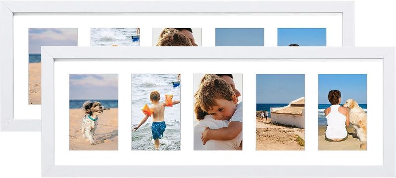 Photo 1 of 8x24 White Collage Picture Frames with 5 Openings, Display Multiple Five 4x6 Photos or 8x24 without Mat, Wood Collage Frame Covered by Plexiglass Wall Mounting Horizontal or Vertical (White, 2-Pack)