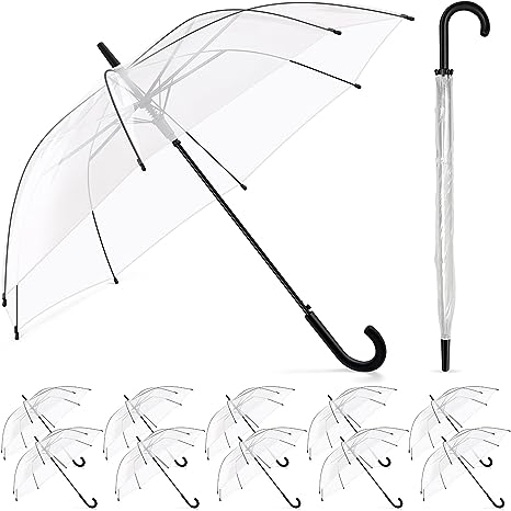 Photo 1 of 10 Pack Clear Umbrella Stick Umbrellas Large Canopy Windproof Transparent Stick Umbrellas Wedding Rain Transparent Umbrellas Bulk Auto Open J Hook Handle