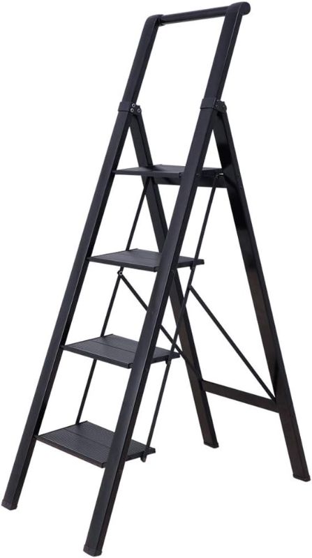 Photo 1 of 4 Step Ladder, SPIEEK Folding Step Stool with Wide Anti-Slip Pedal, 330lbs Capacity Portable Lightweight Ladders for Home Kitchen Outdoor, Black Black 4-step