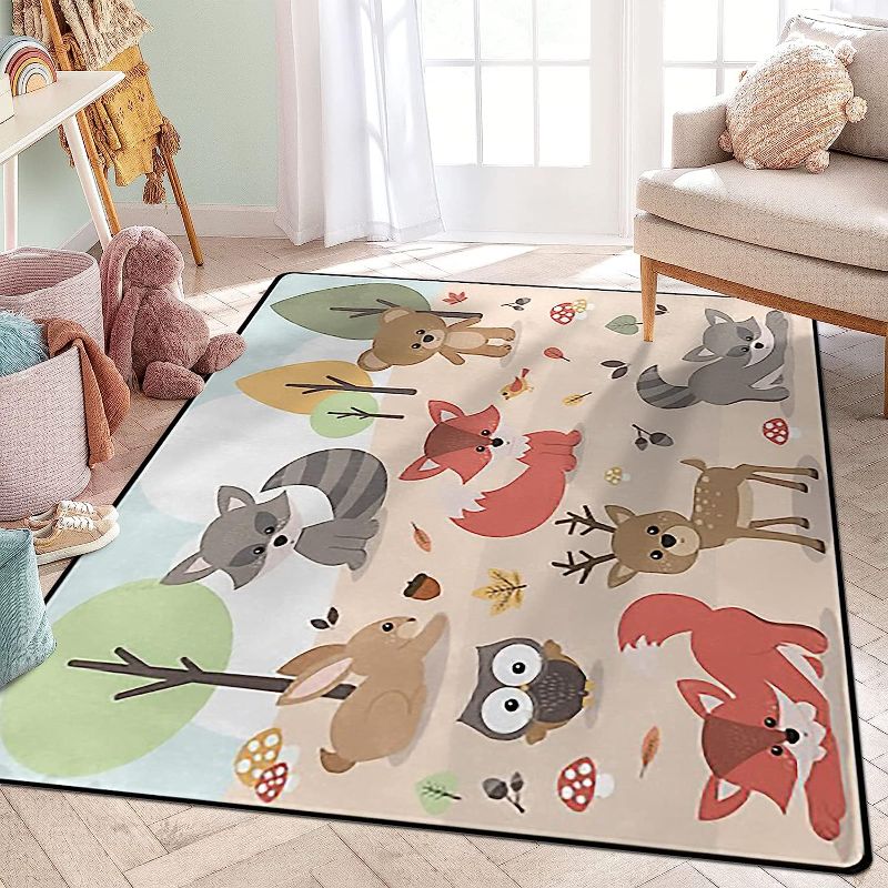 Photo 1 of ALALAL Cartoon Forest Animals Area Rug, Cute Woodland Deer Rabbit Bear Fox Owl Bird Rugs for Nursery Children Kids Girls Room Playroom Living Room Home Decorative, ?5'x7' (80 X 58 in) Pink