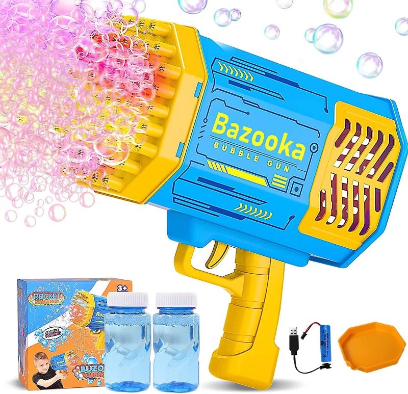 Photo 1 of Bubble Gun-Bazooka Launcher Bubble Machine with Colorful Lights Electric Bubble Machine with 69 Holes Bubble Bazooka Blower for Kids Adult Toys Birthday Party Wedding Atmosphere (New Upgrade)