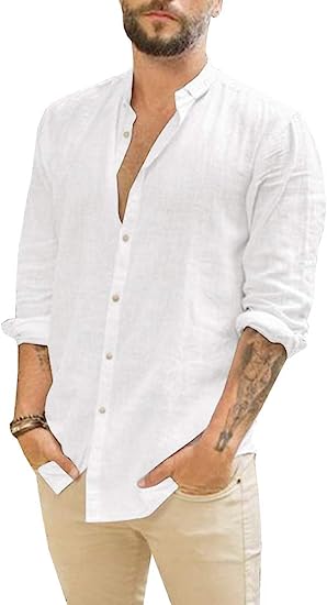 Photo 1 of Makkrom Men's Casual Button Down Cotton Linen Shirts Long Sleeve Band Collar Beach Shirt Top