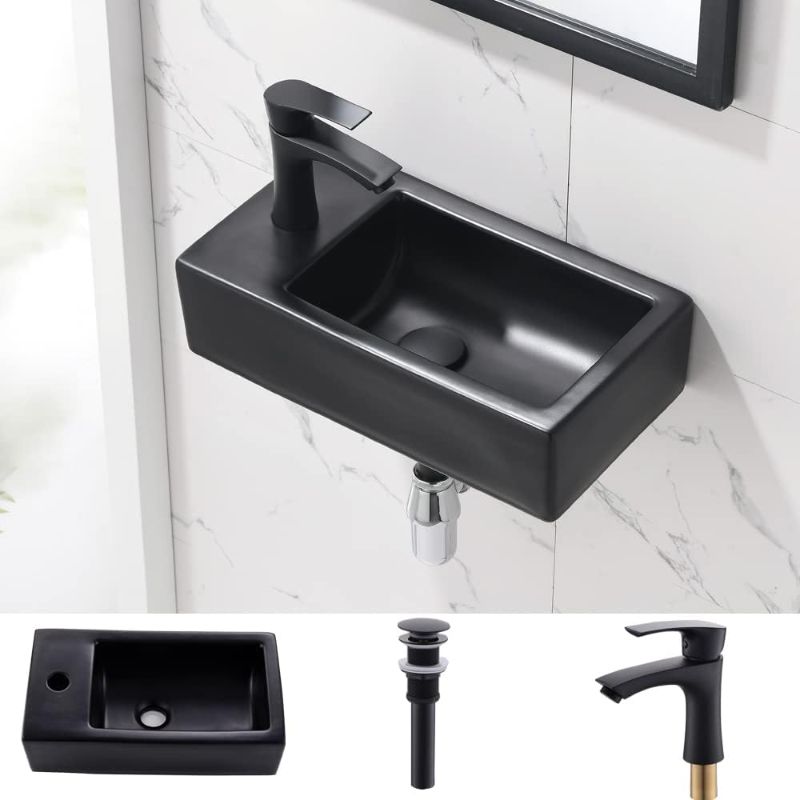 Photo 1 of Black Corner Bathroom Sink Wall Mount-Bokaiya 18 Inch Small Narrow Space Corner Sink Matte Black Porcelain Ceramic Cloakroom Mini Vanity Bathroom Sink and Faucet Combo, Left Hand
