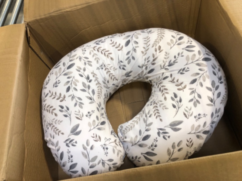 Photo 1 of Boppy Original Support Nursing Pillow, Gray Taupe Leaves, Ergonomic Breastfeeding, Bottle Feeding, and Bonding, Firm Hypoallergenic Fiber Fill, Removable Cover, Machine Washable