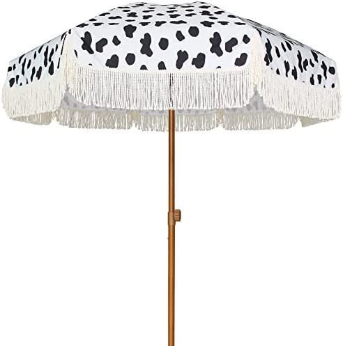 Photo 1 of AMMSUN 7ft Patio Umbrella with Fringe Outdoor Tassel Umbrella UPF50+ Wood Color Steel Pole and Steel Ribs Push Button Tilt,Cow Polka Dots