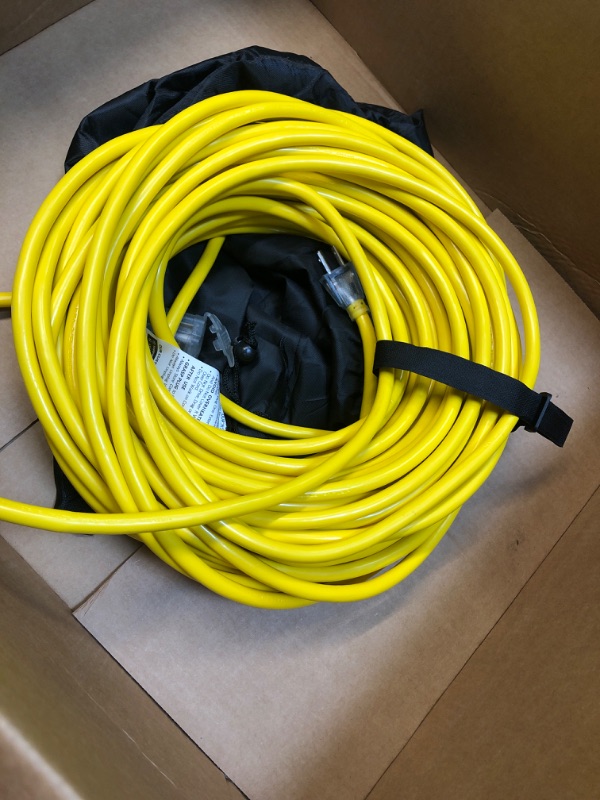 Photo 2 of BBOUNDER Outdoor Extension Cord 100 FT Waterproof, 12/3 SJTW Heavy Duty 15A 1875W, Flexible 100% Copper 3 Prong Cords for Commercial Use and High Power Appliance, Yellow, ETL Listed