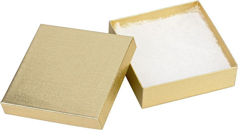 Photo 1 of Cardboard Jewelry Box - 3.5"x3.5"x1" Bulk Cotton Filled Small Gift Box with Lid for Jewelry Packaging (Gold Linen)