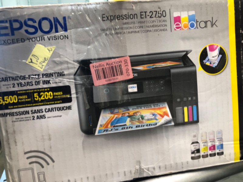 Photo 1 of Epson EcoTank ET-2750 Wireless Color All-in-One Cartridge-Free Supertank Printer with Scanner, Copier and Ethernet, Regular EcoTank ET-2750 - Renewed