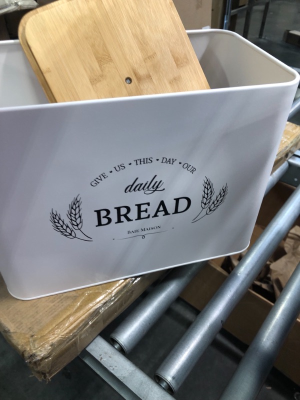 Photo 4 of Baie Maison Extra Large White Farmhouse Bread Box for Kitchen Countertop - Breadbox Holder Fits 2+ Loaves - Bread Storage Container Bin - Rustic Bread Keeper Vintage Metal Kitchen Decor for Counter