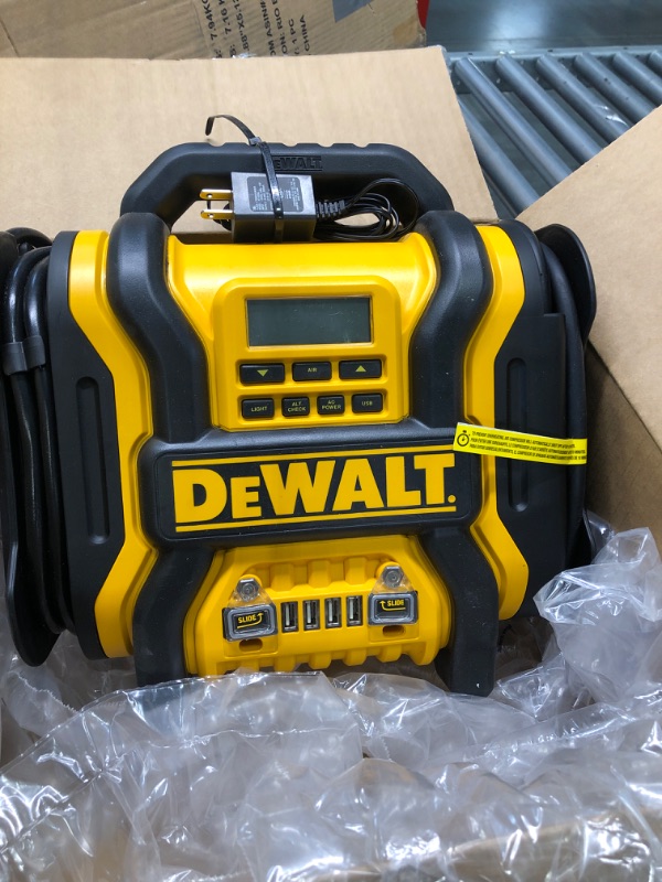 Photo 3 of DEWALT DXAEPS14 1600 Peak Battery Amp 12V Automotive Jump Starter/Power Station with 500 Watt AC Power Inverter, 120 PSI Digital Compressor, and USB Power , Yellow