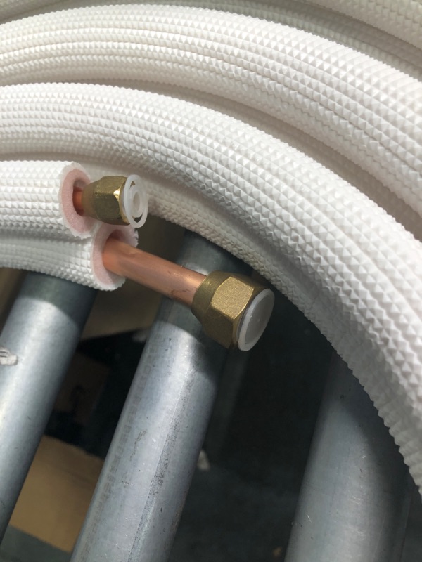 Photo 4 of 50ft Length Mini Split Line Set,1/4" 3/8" OD Copper Pipes Tubing and 3/8 White PE Thickened Insulated Coil with Flared Nuts for Mini Split Air Conditioner HVAC or Heat Pump System. (50Ft(1/4+3/8))