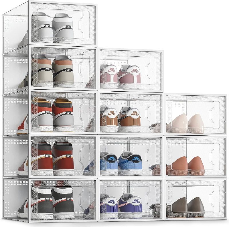 Photo 1 of 12 Pack Shoe Storage Box, Clear Plastic Stackable Shoe Organizer for Closet, Shoe Rack Sneaker Containers Bins 