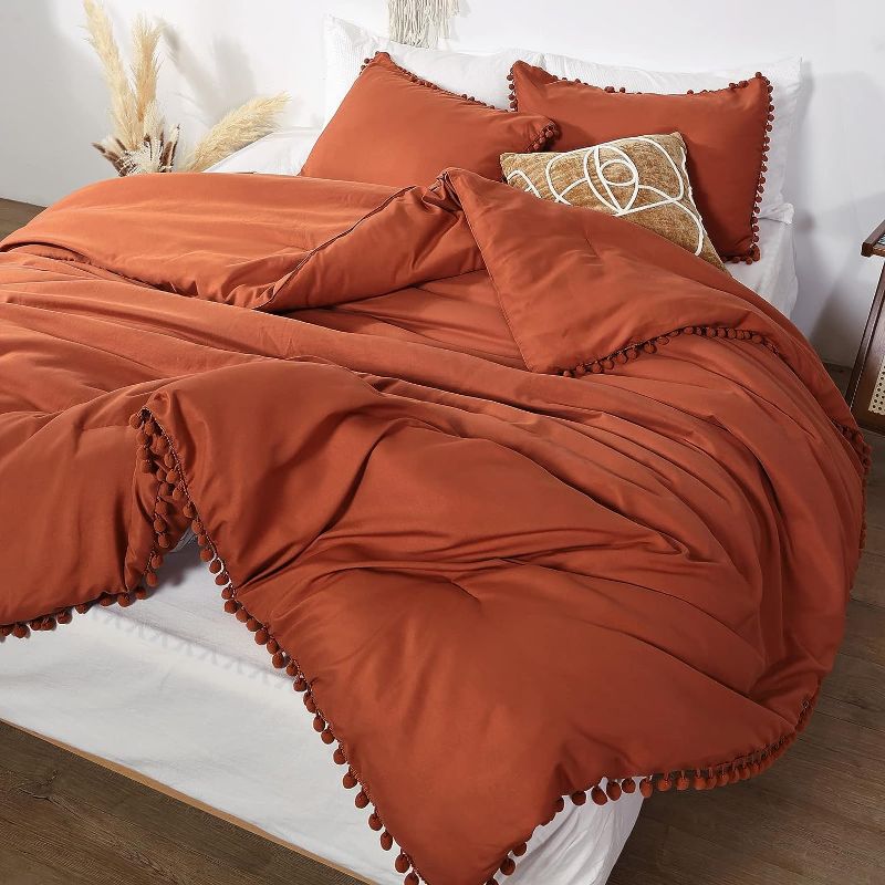 Photo 1 of YIRDDEO Terracotta Queen Comforter Set  Boho Ball Pom Bedding Aesthetic Burnt Orange Comforter Queen Sized Comforter Rust Bed Set Solid Color for Women Men