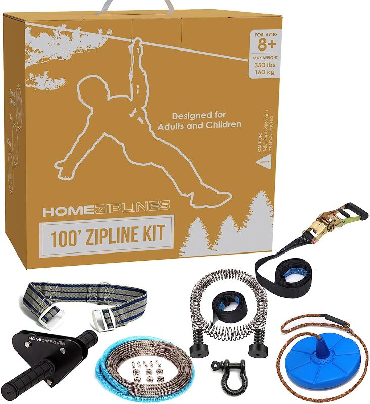 Photo 1 of HomeZiplines Zip Line for Kids and Adults Up to 350 Lbs - 100/150 / 200 Ft - Quick Setup Zipline for Backyard Kids and Adults - 100% Rustproof W/Safety Harness - Zip Line for Adults - Zipline Kit

