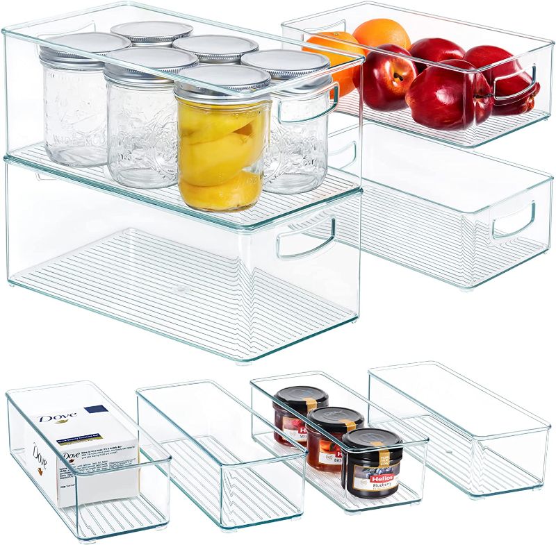 Photo 1 of 8 PACK Stackable Pantry Organizer Bins (3 sizes) - Clear Fridge Organizers for Kitchen, Freezer, Countertops, Cabinets - Plastic Food Storage Container with Handles for Home and Office