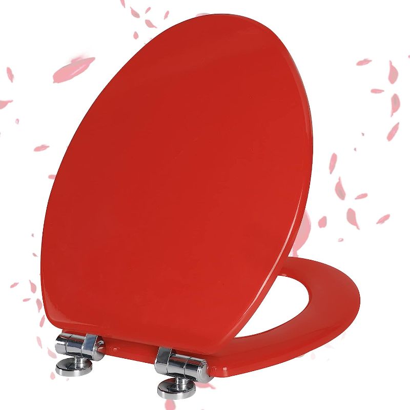 Photo 1 of Angel Shield Toilet Seat with Zinc Alloy Hinges Quiet-Close Quick-Release Wood Molded UV Lid Easy Clean(Elongated,Red)
