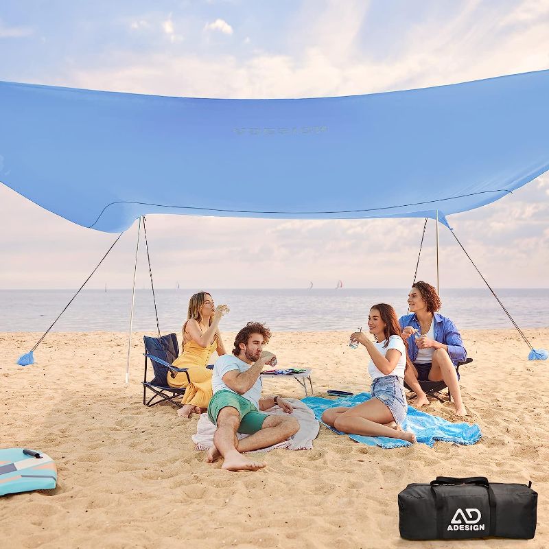 Photo 1 of ADesign Windproof Beach Tent Sun Shelter with 8 Sandbags, 10 x 10 ft Wind Resistance Family Beach Canopy with Sand Shovel, UPF50+, Easy Setup Sun Shade for Beach Vacation