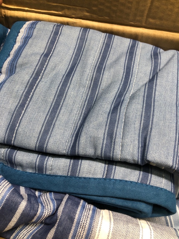 Photo 1 of Amazon Basics Ultra-Soft Lightweight Reversible Microfiber Comforter Bed-in-a-Bag, 5-Piece Set, Twin/Twin XL, Blue Denim/Beige Stripes