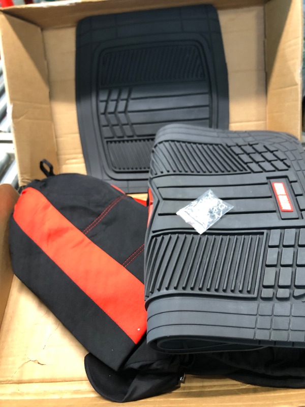 Photo 3 of BDK AutoSport Full Set Combo All Protective Seat Covers (2 Front 1 Bench) with Heavy-Duty All-Weather Rubber Floor Mats (4 Mats) for Car Auto – Sedan Truck SUV Minivan Interior Covers Sporty Red